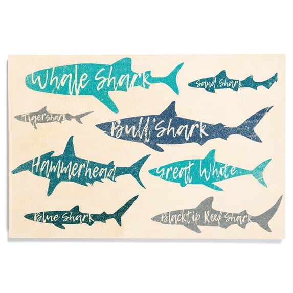 Lantern Press 12x18 Inch Premium Wood Sign, Ready to Hang Wall Decor, Sharks, Pattern, Shark Names