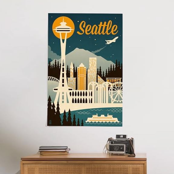 Lantern Press 24x36 Inch Giclee Art Print Wall Decor, Seattle, Washington, Retro Skyline