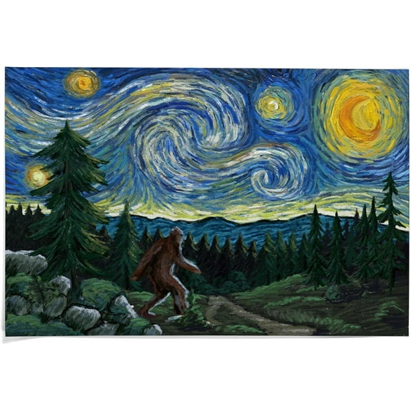 Lantern Press 36x54 Inch Giclee Art Print Wall Decor, Bigfoot, Starry Night