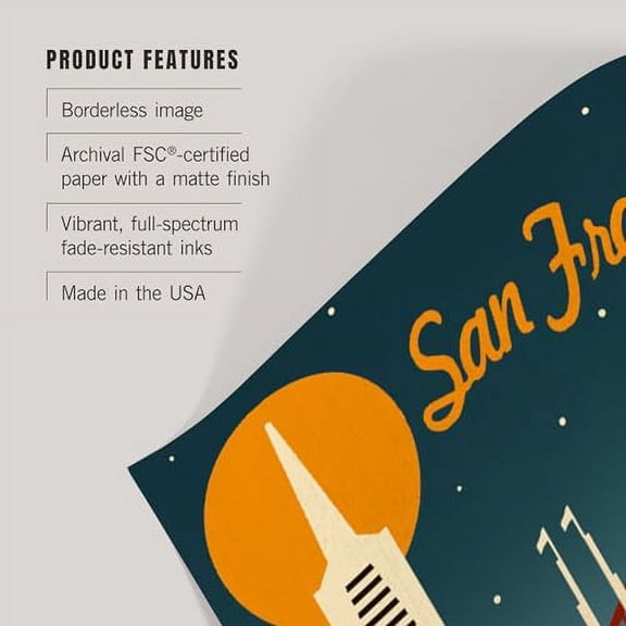 Lantern Press 36x54 Inch Giclee Art Print Wall Decor, San Francisco, California, Retro Skyline