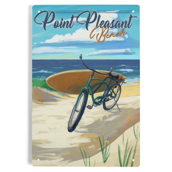 Lantern Press 6x9 Inch Metal Sign, Point Pleasant, New Jersey, Beach Cruiser on Beach