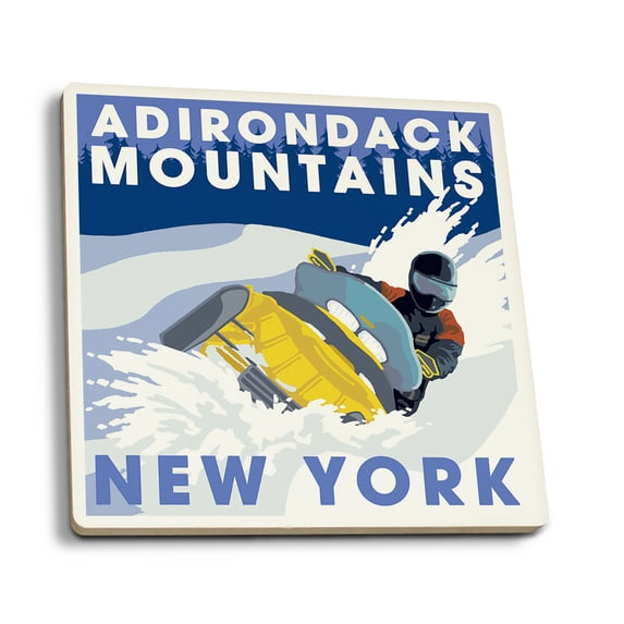 Lantern Press Ceramic Coaster Set, Adirondack Mountains, New York, Snowmobile Scene, Cork Back, Absorbent, Unique Art