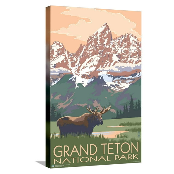 Lantern Press - Grand Teton National Park, Wyoming, Moose & Mountains Canvas Wall Poster, 14.725" x 22.375"