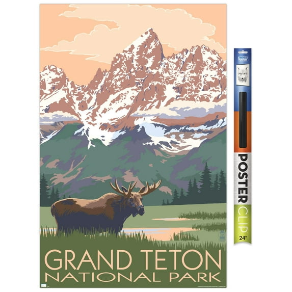Lantern Press - Grand Teton National Park, Wyoming, Moose & Mountains Wall Poster, 22.375" x 34"