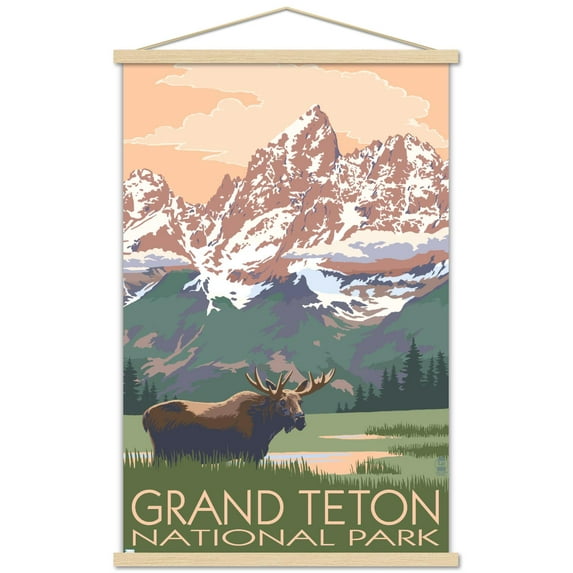Lantern Press - Grand Teton National Park, Wyoming, Moose & Mountains Wall Poster with Magnetic Frame, 22.375" x 34"