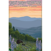 Lantern Press - Great Smoky Mountains National Park, Bear and Spring Flowers Wall Poster, 22.375" x 34"
