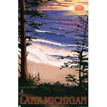 Lantern Press - Lake Michigan, Sunset on Beach Wall Poster, 22.375" x 34"