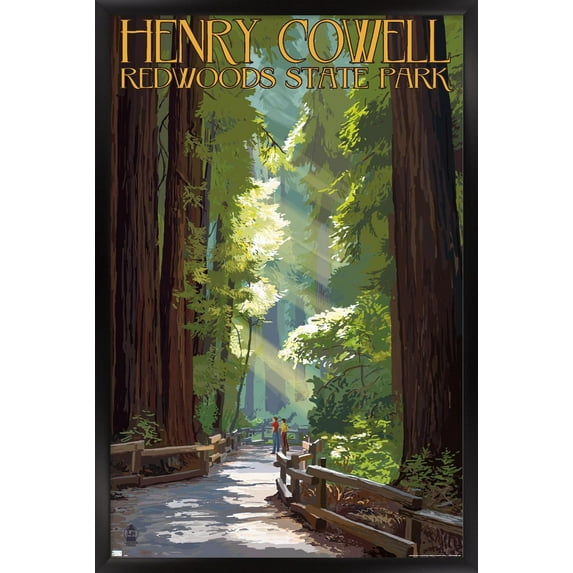 Lantern Press - Redwoods State Park, Henry Cowell, Pathway in Trees Wall Poster, 22.375" x 34" Framed