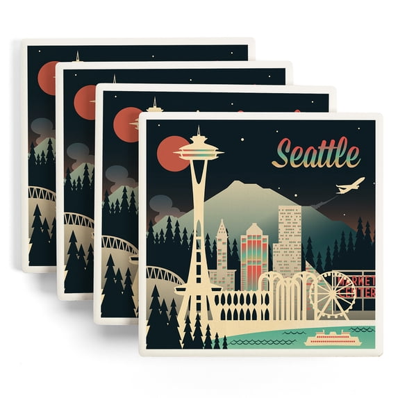 Lantern Press Seattle, Washington, Retro Skyline Chromatic Series (Absorbent Ceramic Coasters Set of 4 Matching Images, Cork Back, Kitchen Table Decor)