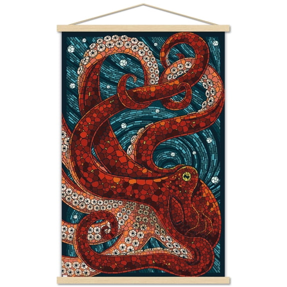 Lantern Press - Yachats, Oregon, Octopus Mosaic Wall Poster with Magnetic Frame, 22.375" x 34"