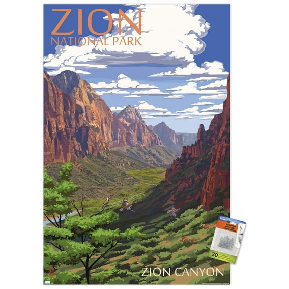 Lantern Press - Zion National Park, Utah, Zion Canyon View Wall Poster with Pushpins, 22.375" x 34"