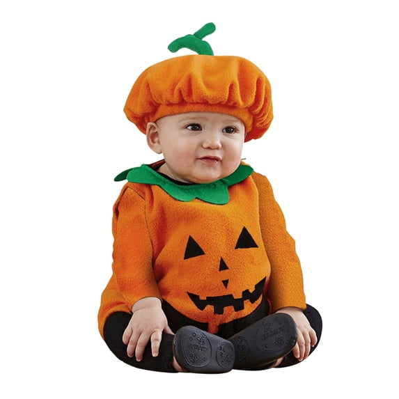 Lantern Pumpkin Baby Romper 2-Piece Hooded Outfit with Green Leaf Collar for Toddler Halloween, 6-12 Months
