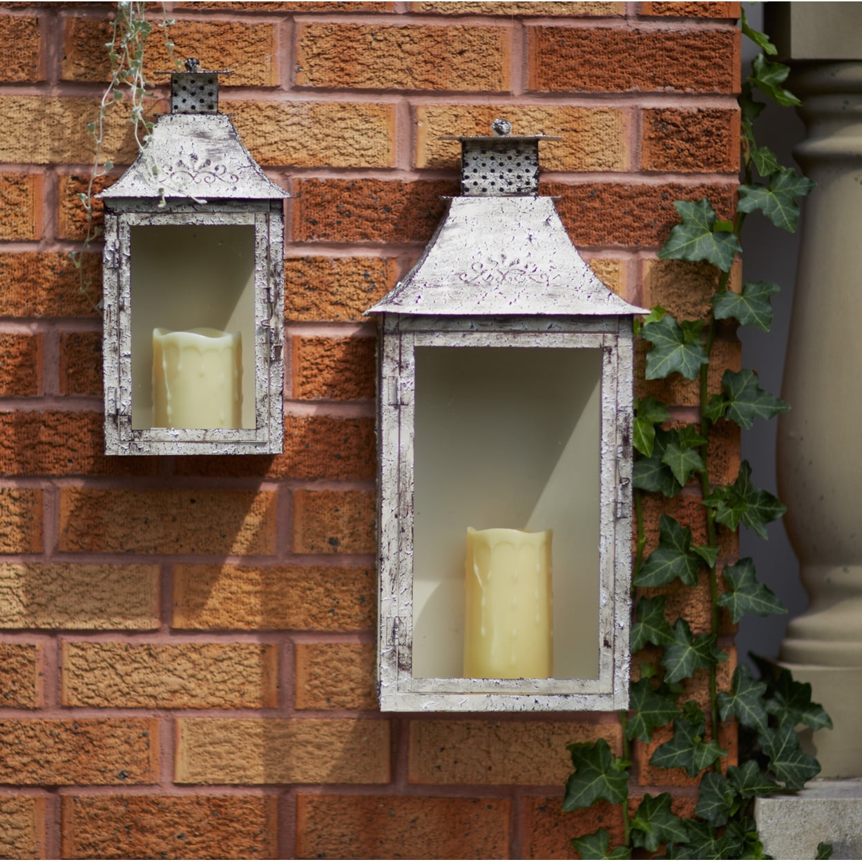 Antique Cream Iron & Glass Decorative Candle Lantern Set