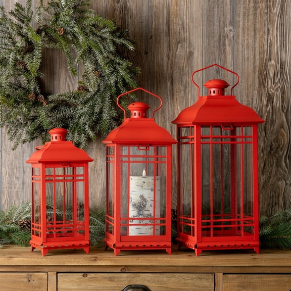 Melrose Geometric Framed Candle Lanterns - 20" - Red - Set of 3