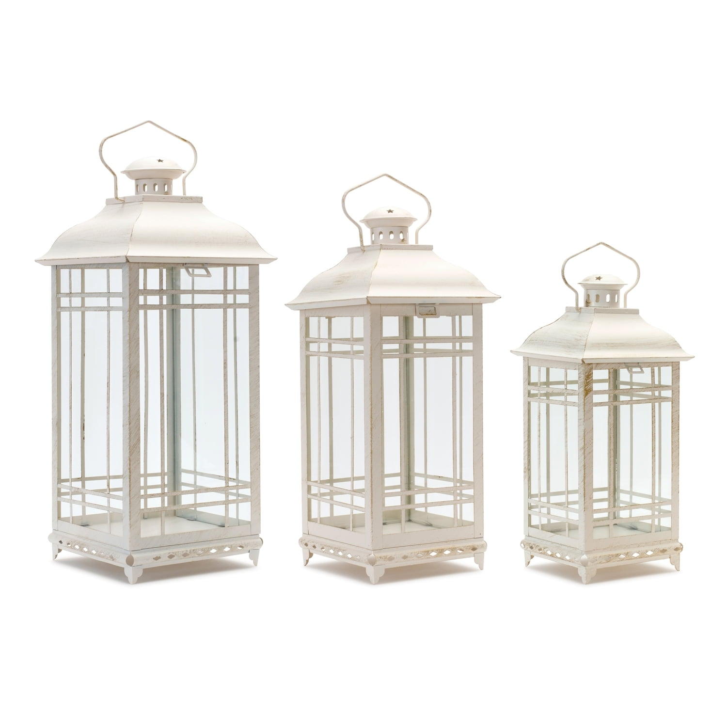 Elegant White-Washed Metal & Glass Candle Lantern Trio