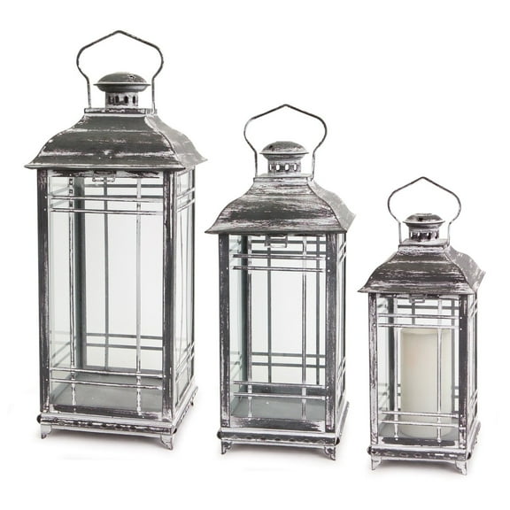 Melrose Distressed Style Pillar Candle Lanterns - 20" - Gray and White - Set of 3