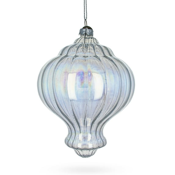 Lantern Shape Finial Clear Iridiscent Glass Christmas Ornament 5.3 Inches