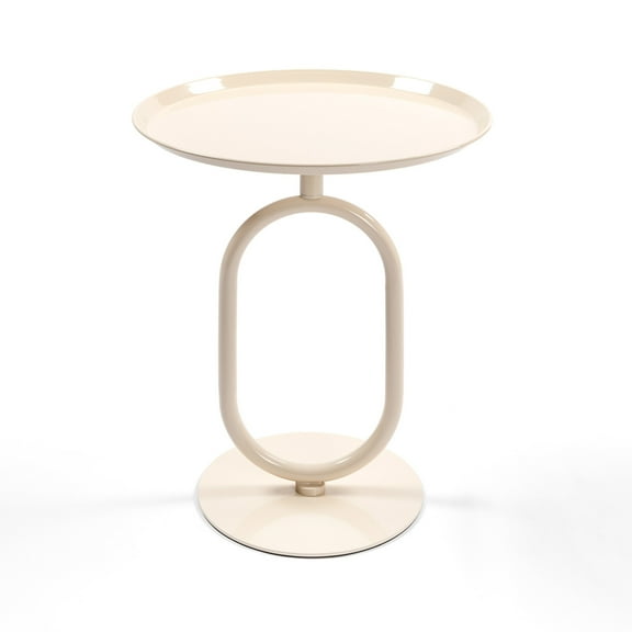 Lantern-Shaped Metal End Table Modern Round Side Table for Living Room Corners, Retro Style Accent Table 18.9 Diameter, Cream White