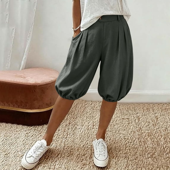 Lantern Shorts for Women with Pockets High Rise Elastic Waisted Baggy Pleated Bermuda Short with Pockets