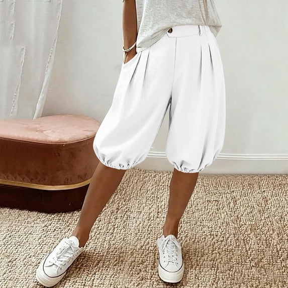 Lantern Shorts for Women with Pockets High Rise Elastic Waisted Baggy Pleated Bermuda Short with Pockets