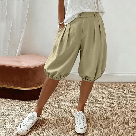 Lantern Shorts for Women with Pockets High Rise Elastic Waisted Baggy Pleated Bermuda Short with Pockets