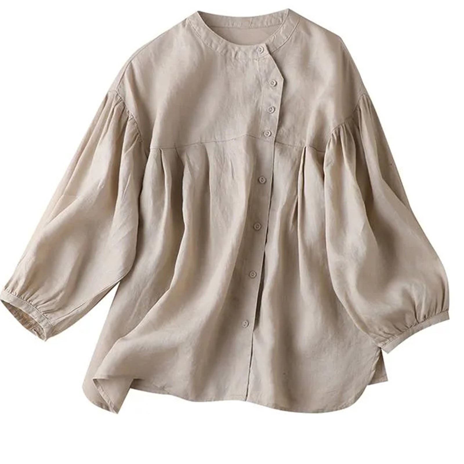 Lantern Sleeve Cotton Linen Shirts for Women Vintage Solid Button Down ...