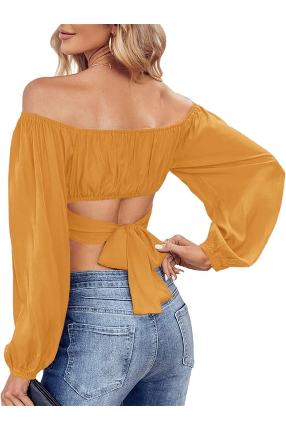 Lantern Sleeve Woman Off Shoulder Ruched Tie Back Crop Top Summer Boho Shirt Blouse