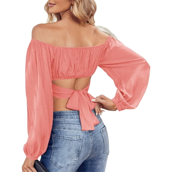 Lantern Sleeve Woman Off Shoulder Ruched Tie Back Crop Top Summer Boho Shirt Blouse