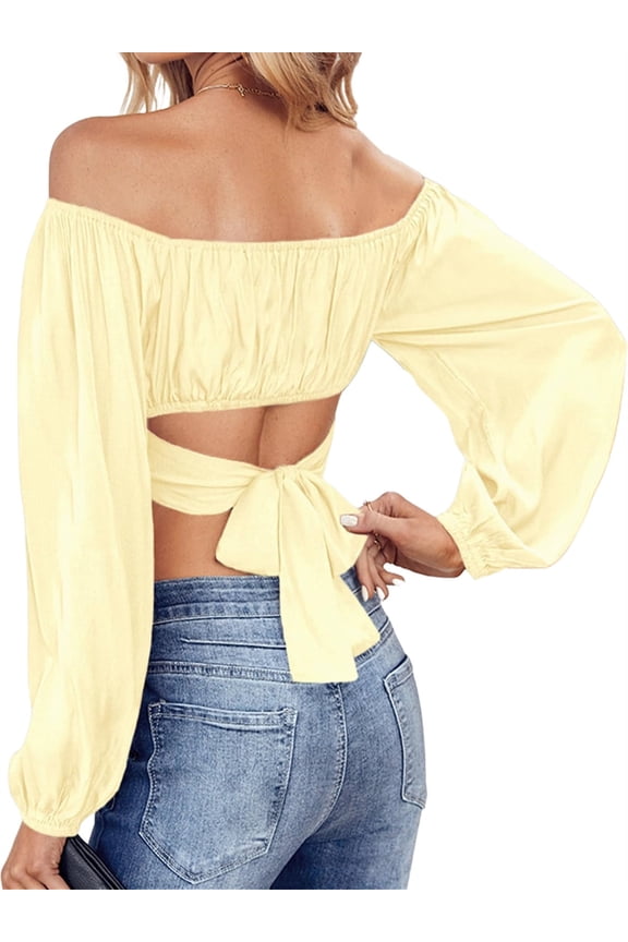 Lantern Sleeve Woman Off Shoulder Ruched Tie Back Crop Top Summer Boho Shirt Blouse