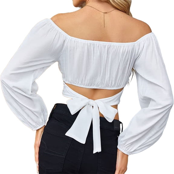 Lantern Sleeve Woman Off Shoulder Ruched Tie Back Crop Top Summer Boho Shirt Blouse