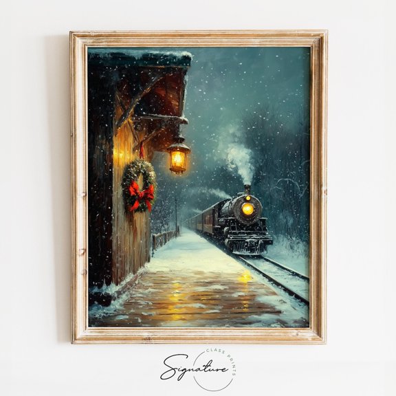 Lantern On Snowy Train Platform, Winter Art, Cozy Winter Decor, Rustic Cottagecore Train Scene Poster, 2148 Warm Present Vintage UNFRAMED Poster Size 8x12