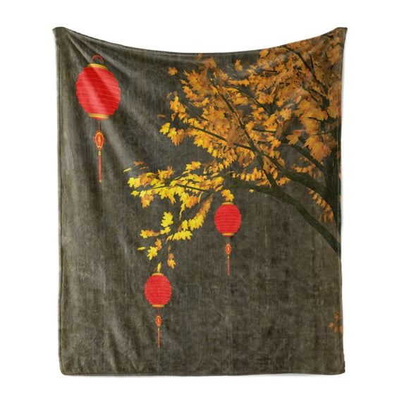 Lantern Soft Flannel Fleece Blanket, Fall Tree Scarlet Lanterns Dramatic Shaded Vintage Inspired Seasonal Design, Cozy Plush for Indoor and Outdoor Use, 70" x 90", Red Orange Brown, by Ambesonne