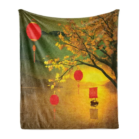 Lantern Soft Flannel Fleece Blanket, Traditional Chinese Lanterns Hanging from Pale Fall Trees Lake Faded Nature Photo, Cozy Plush for Indoor and Outdoor Use, 50" x 60", Multicolor, by Ambesonne