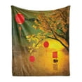 thumbnail image 1 of Lantern Soft Flannel Fleece Blanket, Traditional Chinese Lanterns Hanging from Pale Fall Trees Lake Faded Nature Photo, Cozy Plush for Indoor and Outdoor Use, 60" x 80", Multicolor, by Ambesonne, 1 of 5