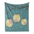 thumbnail image 1 of Lantern Soft Flannel Fleece Throw Blanket, 3 Paper Lanterns Hanging on Branches Lighting Fixture Source Lamp Boho, Cozy Plush for Indoor and Outdoor Use, 50" x 70", Teal Pale Yellow, by Ambesonne, 1 of 6