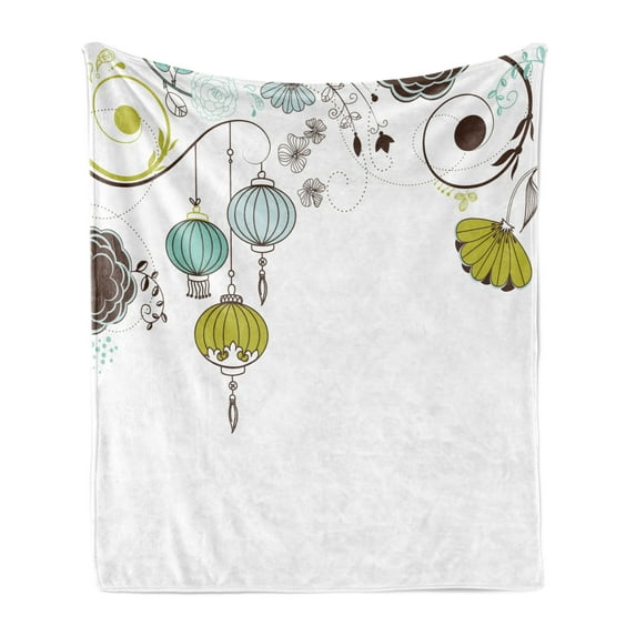 Lantern Soft Flannel Fleece Throw Blanket, Abstract Expression of Coming of New Year in China Vibrant Colors, Cozy Plush for Indoor and Outdoor Use, 70" x 90", Apple Green Sky Blue, by Ambesonne