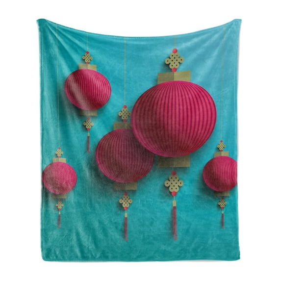 Lantern Soft Flannel Fleece Throw Blanket, Chuseok Chinese New Year Traditional Celebration Mid Autumn Festival, Cozy Plush for Indoor and Outdoor Use, 50" x 70", Sky Blue Dark Coral, by Ambesonne