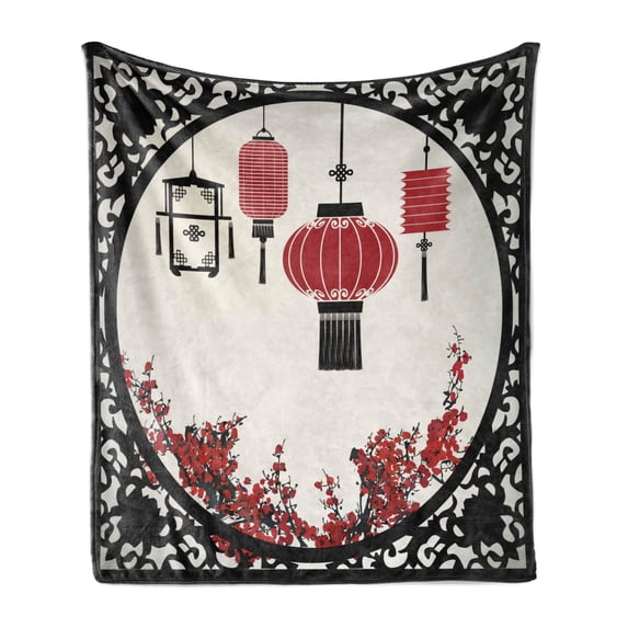 Lantern Soft Flannel Fleece Throw Blanket, Lanterns with Japanese Sakura Cherry Blossom Trees Round Ornate Graphic, Cozy Plush for Indoor and Outdoor Use, 60" x 80", Red Beige Black, by Ambesonne