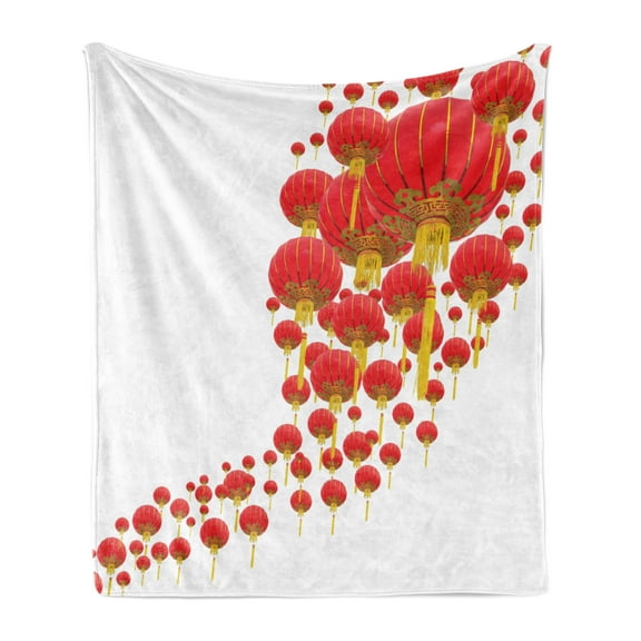 Lantern Soft Flannel Fleece Throw Blanket, Oval Shape Various Sized Lanterns Like Balloons Circle Form Illustration, Cozy Plush for Indoor and Outdoor Use, 50" x 60", Vermilion Mustard, by Ambesonne