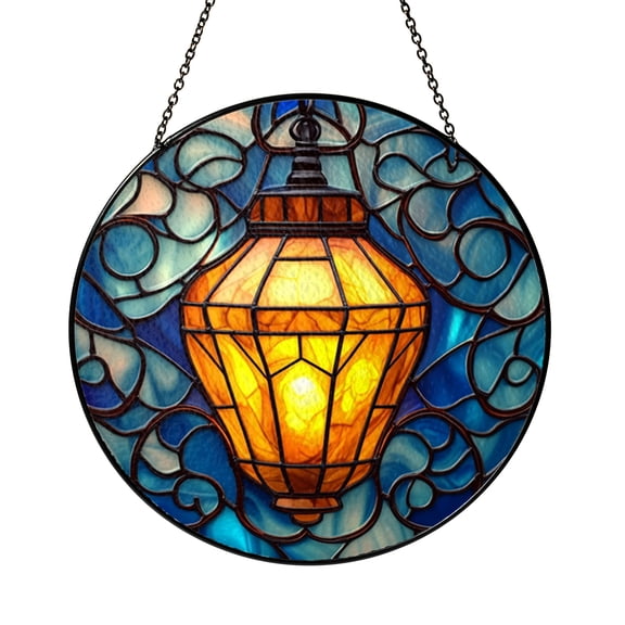 Lantern Stained Glass Style Suncatcher, Glowing Light Window Hanging for Cozy Whimsical Home Decor Themes