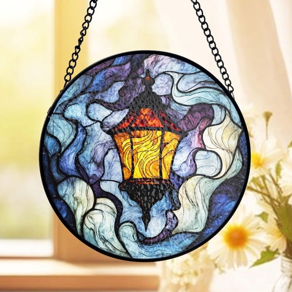 Lantern Stained Glass Suncatcher, Glowing Light Window Decor, Whimsical Swirl Theme, Cozy Illumination Style, Gift for Home Lovers