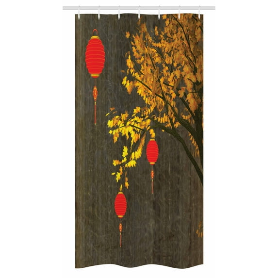 Lantern Stall Shower Curtain, Fall Tree Scarlet Lanterns Dramatic Shaded Vintage Inspired Seasonal Design, Fabric Bathroom Set with Hooks, 36W X 72L Inches Long, Red Orange Brown, by Ambesonne