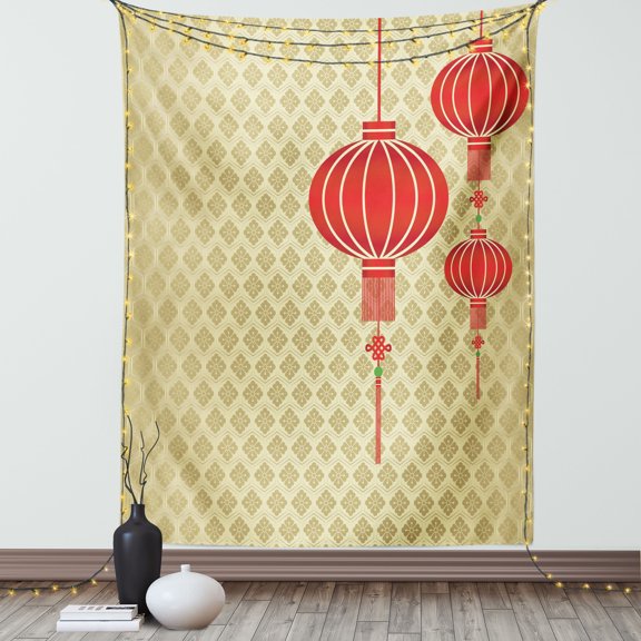 Lantern Tapestry, Lanterns with Baroque Repeating Pattern Background New Year Celebration Art, Wall Hanging for Bedroom Living Room Dorm Decor, 60W X 80L Inches, Earth Yellow Red, by Ambesonne