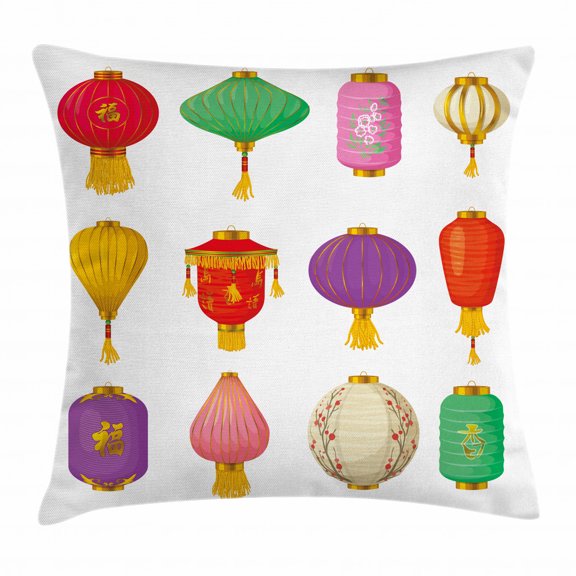 Lantern Throw Pillow Cushion Cover, Chinese Celebration Asian Culture Far East New Year Cartoon Style Festival Tassels, Decorative Square Accent Pillow Case, 16 X 16 Inches, Multicolor, by Ambesonne