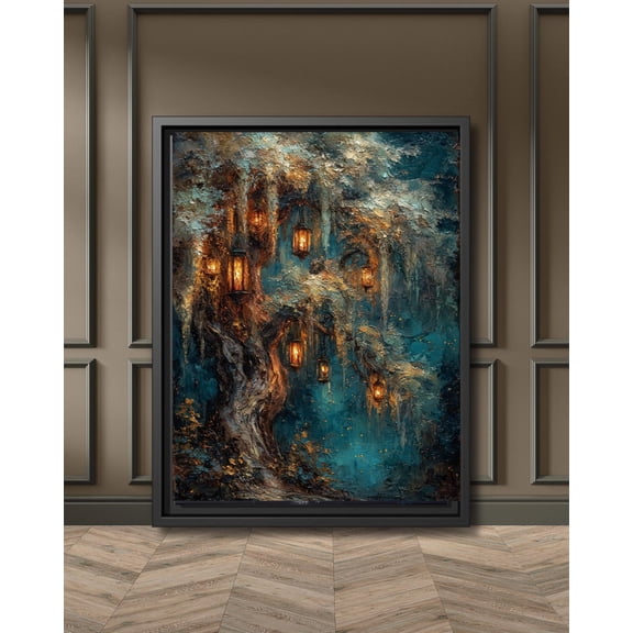 Lantern Tree White Leaves Forest Art Poster, Enchanted Night, Dark Academia Wall Decor, Magical Woodland Fairy Lights Artwork, Unframed Poster Size 16x24