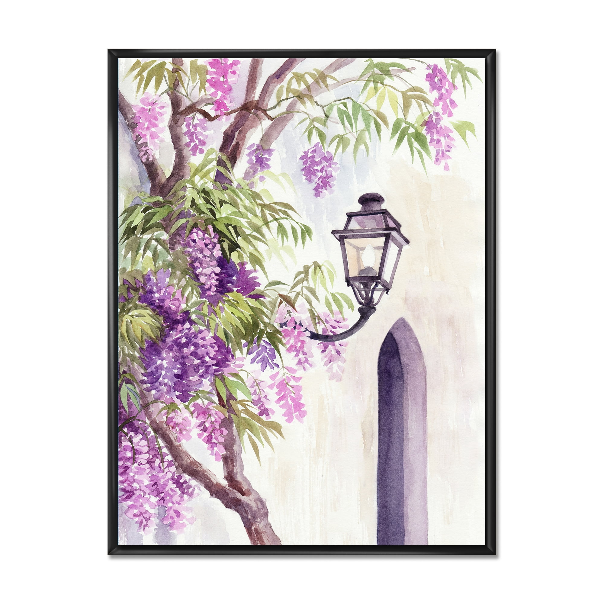 Lantern and Wisteria 12 in x 20 in Framed Painting Canvas Art Print, by Designart
