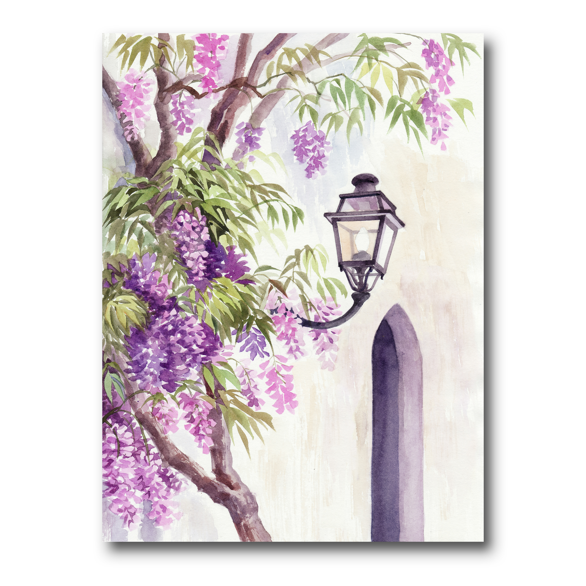Lantern and Wisteria 8 in x 12 in Painting Canvas Art Print, by Designart