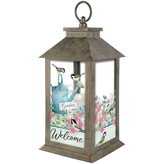 Lantern w/LED Candle & Timer-Gentle Chickadees (13" x 5.5" x 5.5")