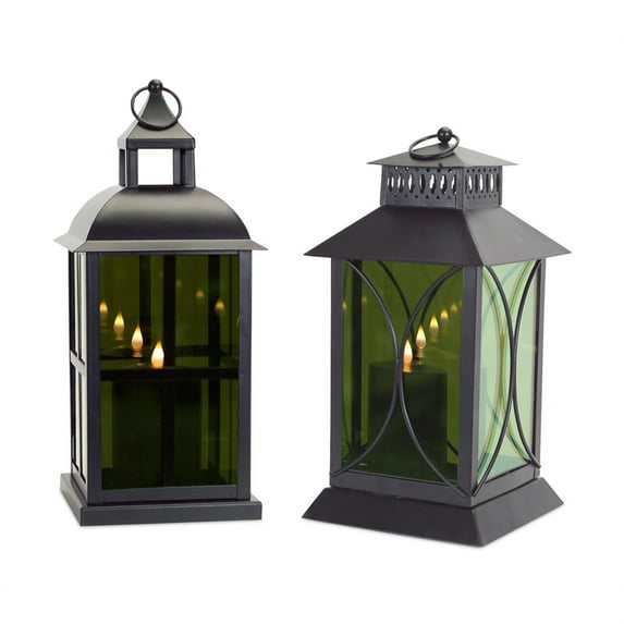 Lantern w/Mirror Glass & Moving Flame Candle (Set of 2) 15", 16.75"H Metal/Glass/Plastic