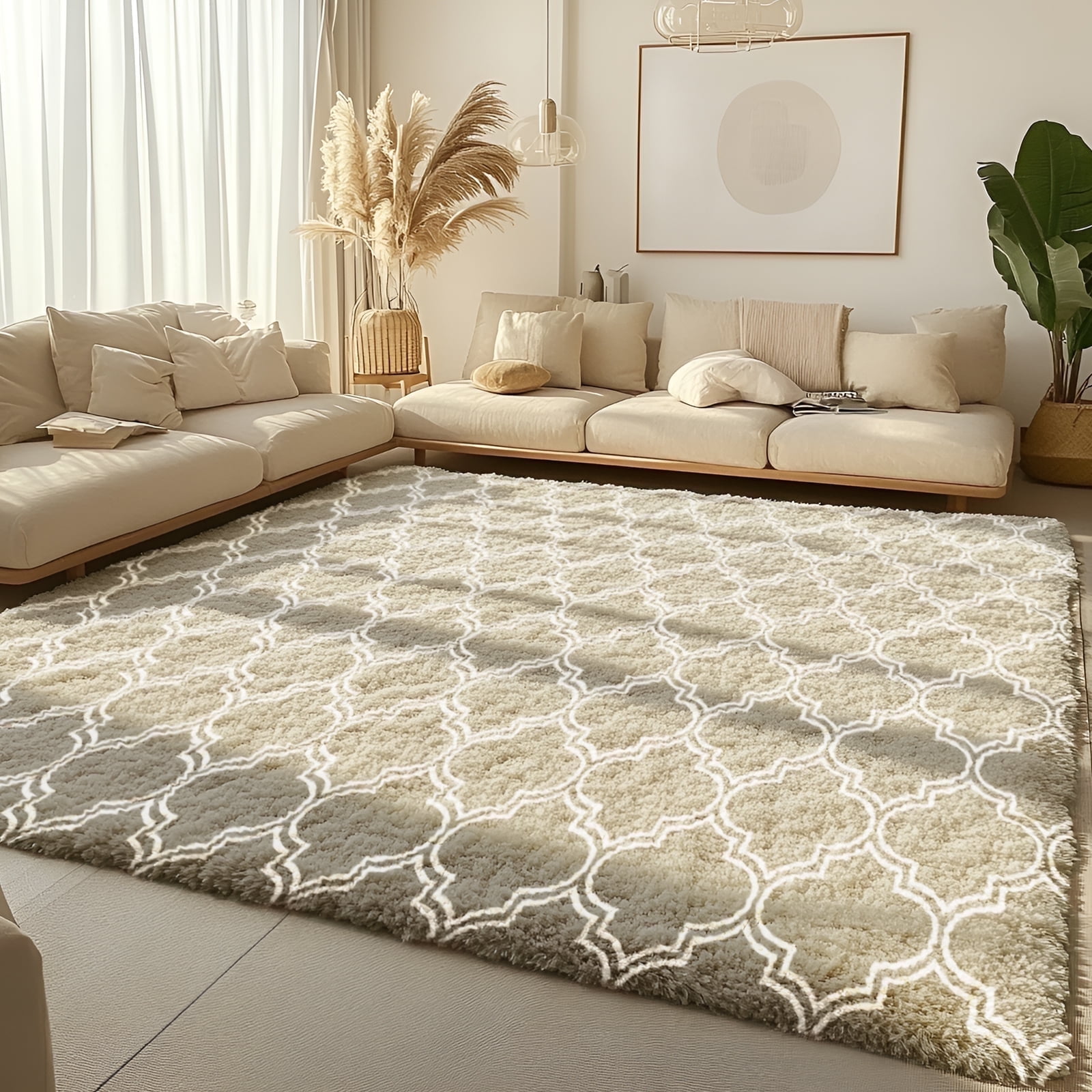 Pentantan 8ft x 10ft Geometric Shag Area Rugs for Living Room, Moroccan Fluffy Bedroom Carpet, Camel & White